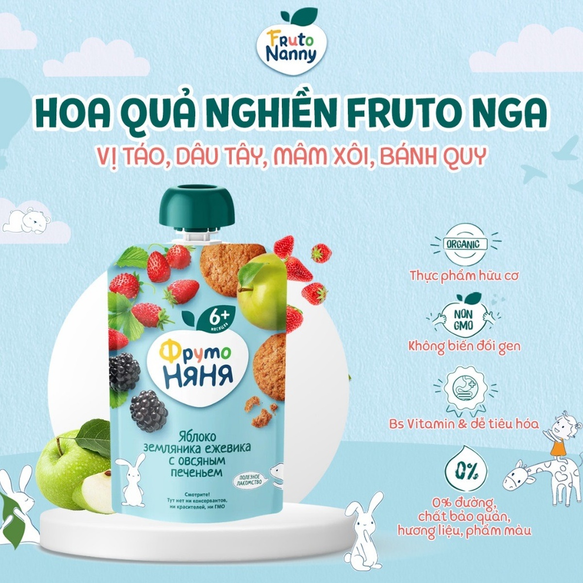 Trái cây nghiền, táo, dâu, mâm xôi, bánh quy Fruto 90g - mặt phải