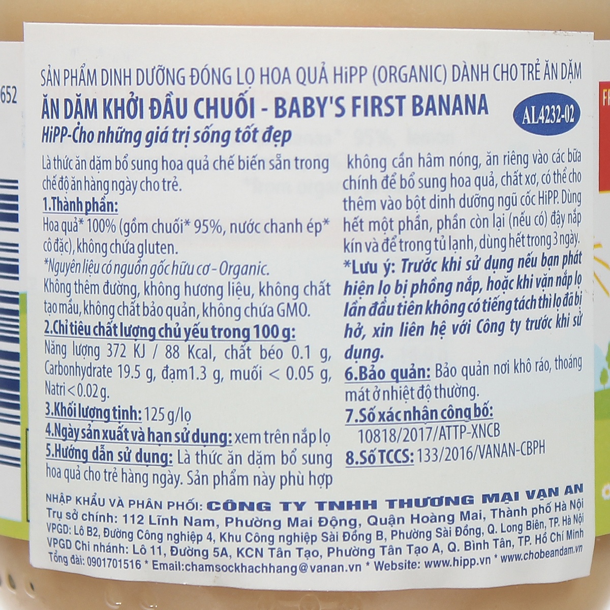 Dinh dưỡng đóng lọ Hipp chuối ăn dặm 4232 (125g) - mặt sau