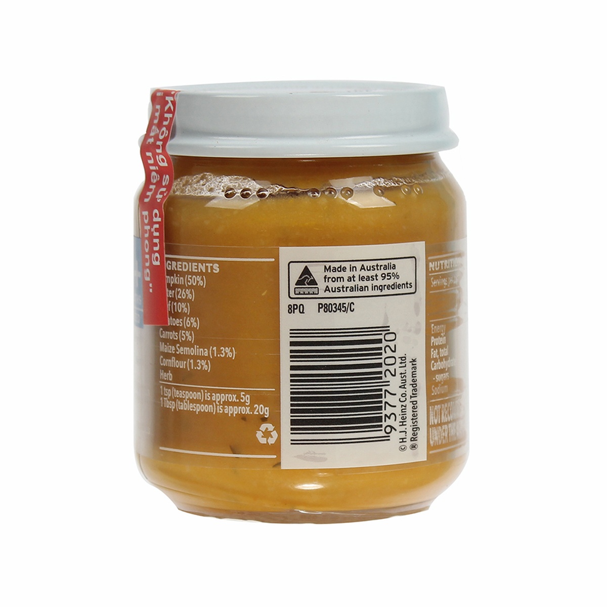 Dinh dưỡng đóng lọ Heinz vị bí đỏ, khoai tây và bò nghiền 110g - mặt sau