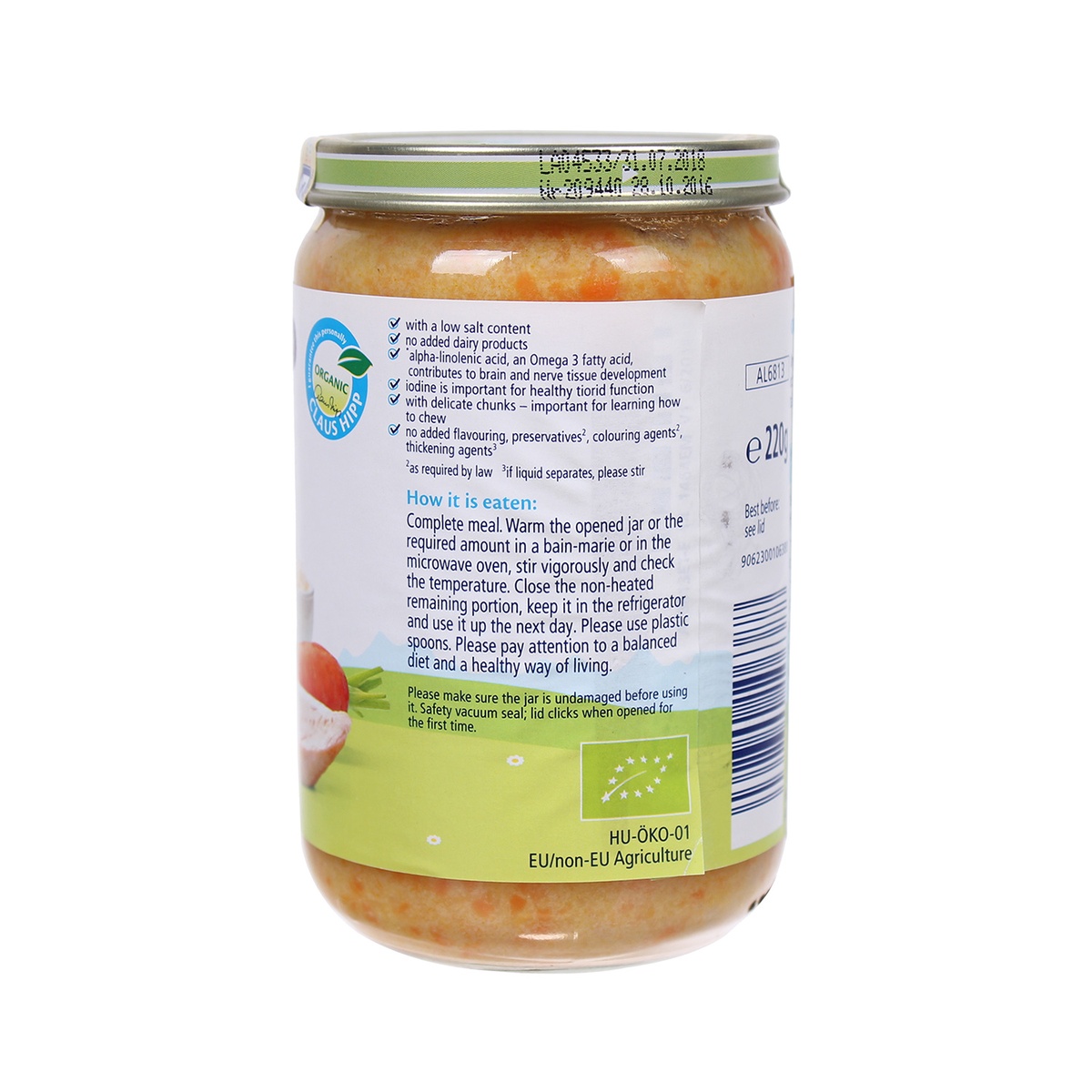 Dinh dưỡng đóng lọ Hipp Cơm nhuyễn, gà tây, rau tổng hợp 6813 220g - mặt phải