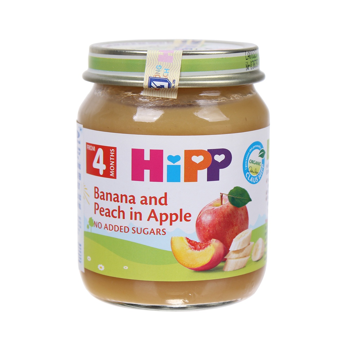 Dinh dưỡng đóng lọ Hipp vị chuối, đào và Táo 4283 (125g) - mặt trái
