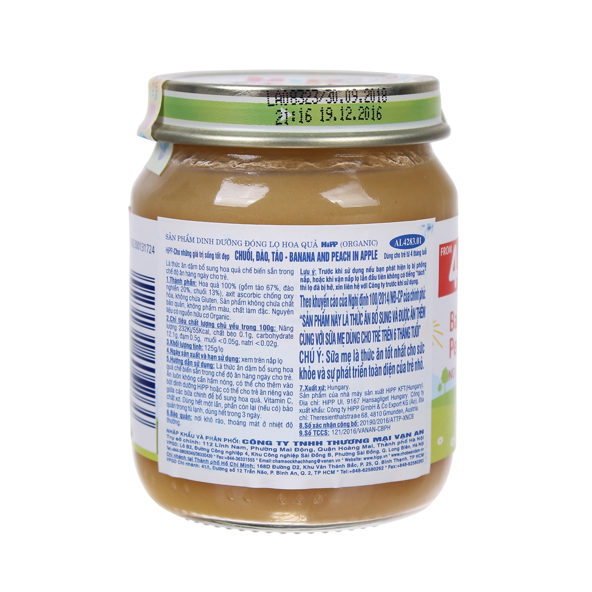 Dinh dưỡng đóng lọ Hipp vị chuối, đào và Táo 4283 (125g) - mặt phải