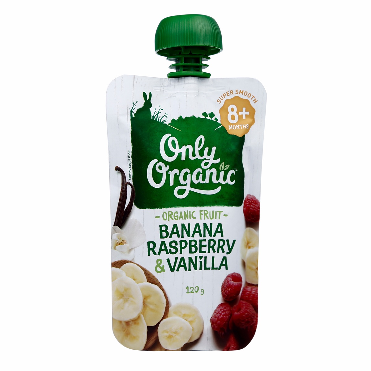  Dinh dưỡng trái cây nghiền hữu cơ chuối, phúc bồn tử & vani ONLY ORGANIC 8m+ - mặt phải