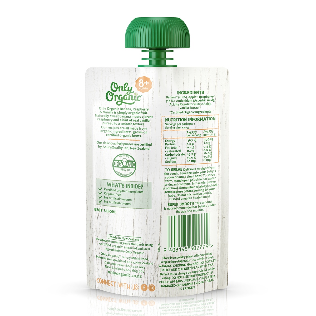  Dinh dưỡng trái cây nghiền hữu cơ chuối, phúc bồn tử & vani ONLY ORGANIC 8m+ - mặt trái
