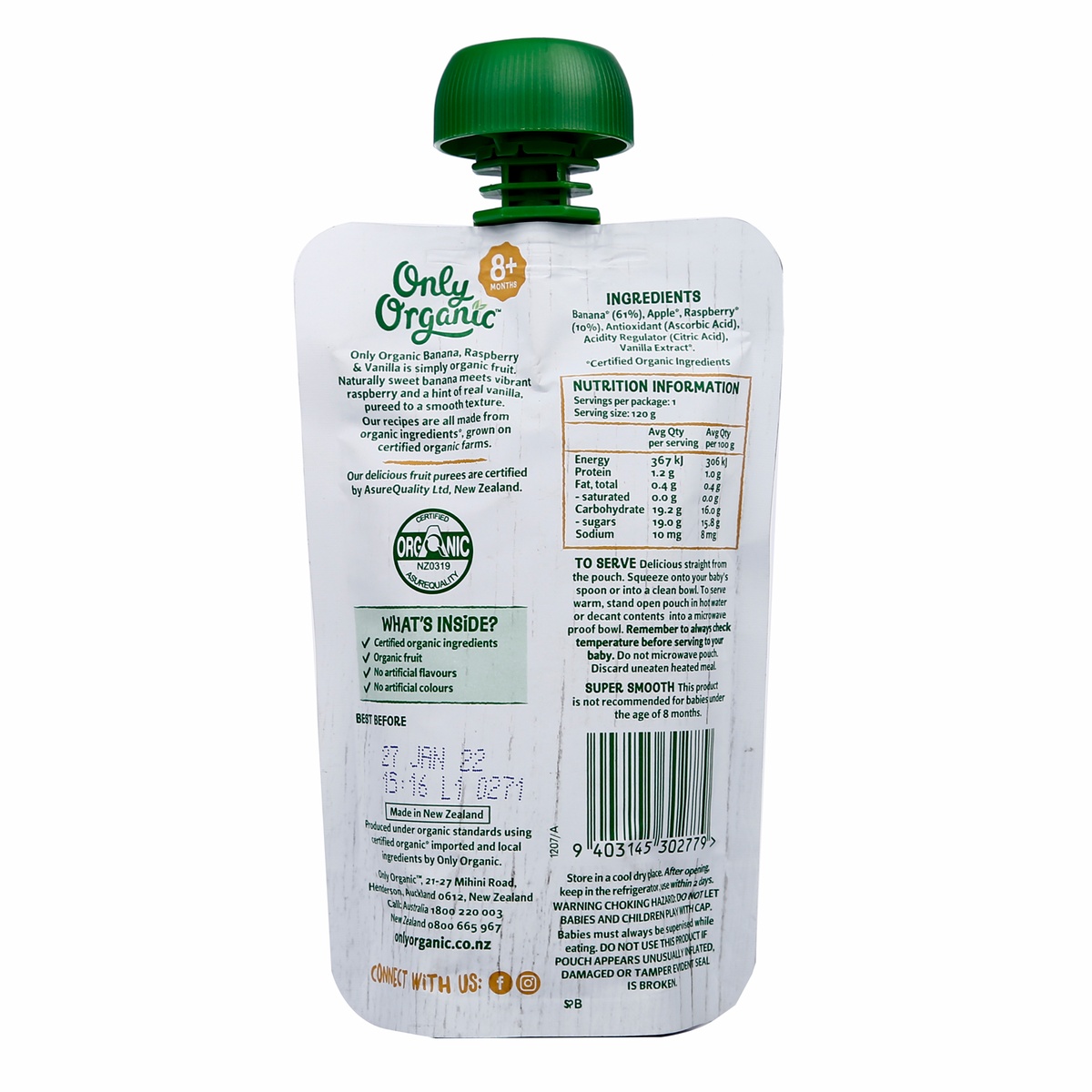  Dinh dưỡng trái cây nghiền hữu cơ chuối, phúc bồn tử & vani ONLY ORGANIC 8m+ - mặt sau