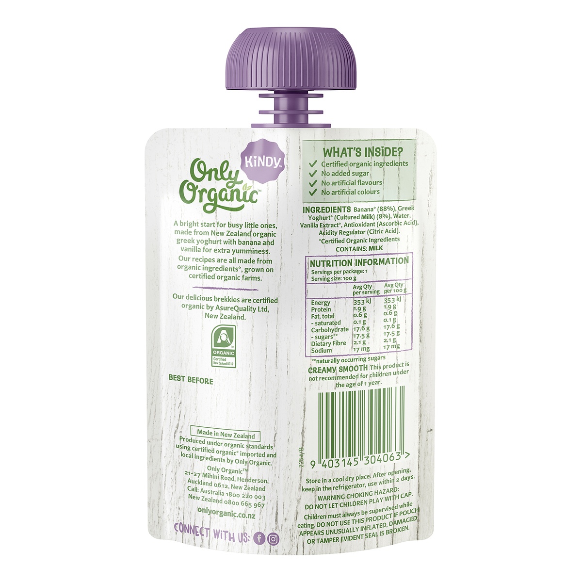 Dinh dưỡng trái cây nghiền hữu cơ chuối, vani & sữa chua Hy Lạp ONLY ORGANIC 8m+ - mặt trái