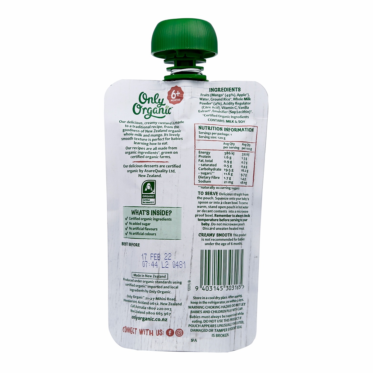 Dinh dưỡng trái cây nghiền hữu cơ Custard xoài Only Organic Mango Custard 6m+ - mặt sau