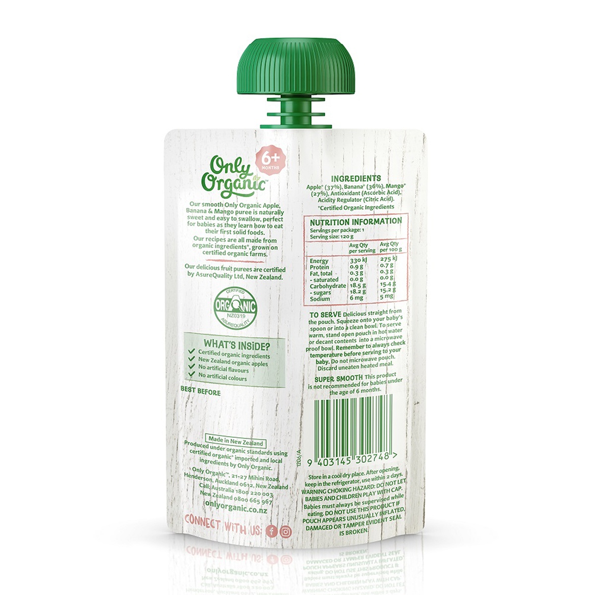 Dinh dưỡng trái cây nghiền hữu cơ táo, chuối và xoài Only Organic Apple Banana & Mango 6m+ - mặt trái