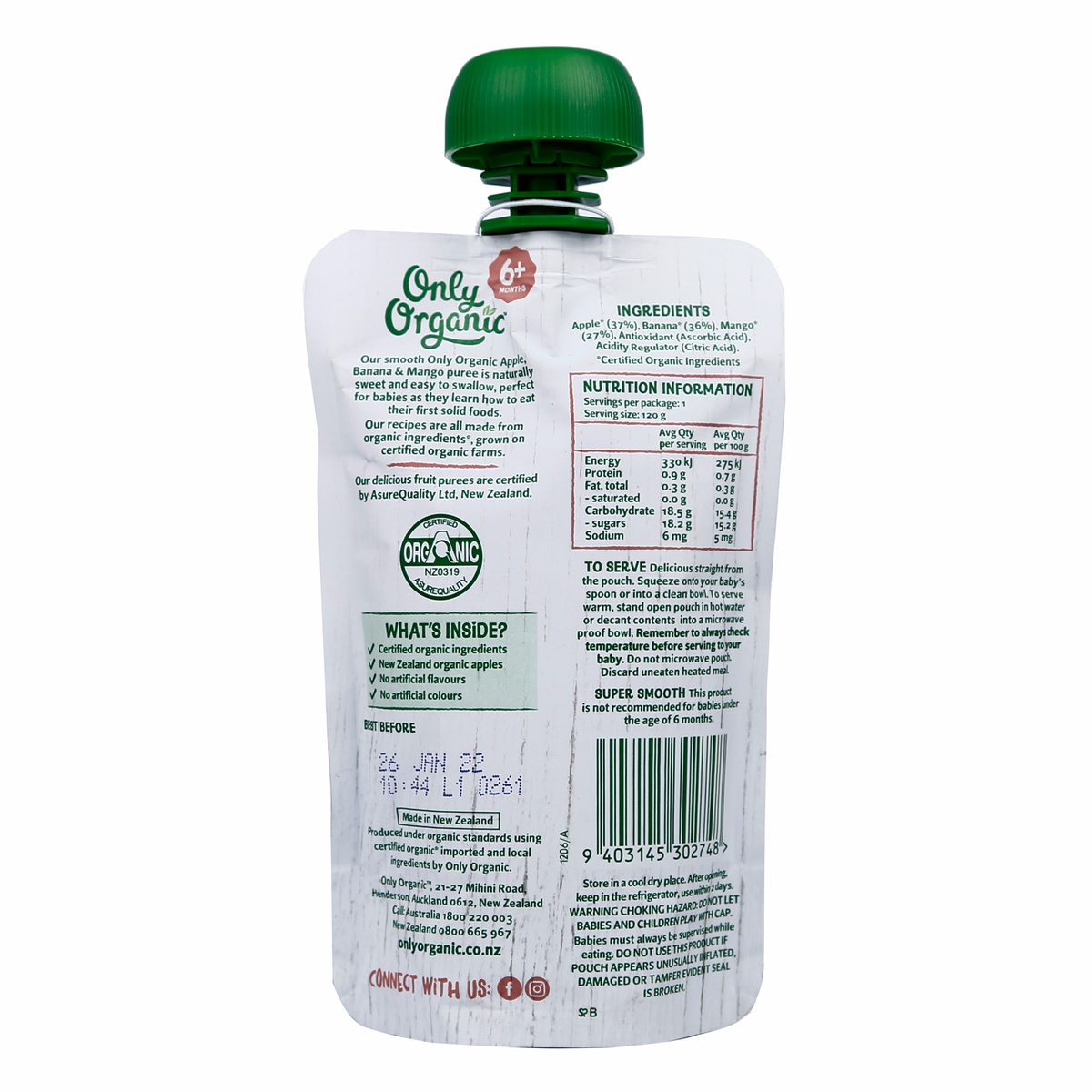 Dinh dưỡng trái cây nghiền hữu cơ táo, chuối và xoài Only Organic Apple Banana & Mango 6m+ - mặt sau