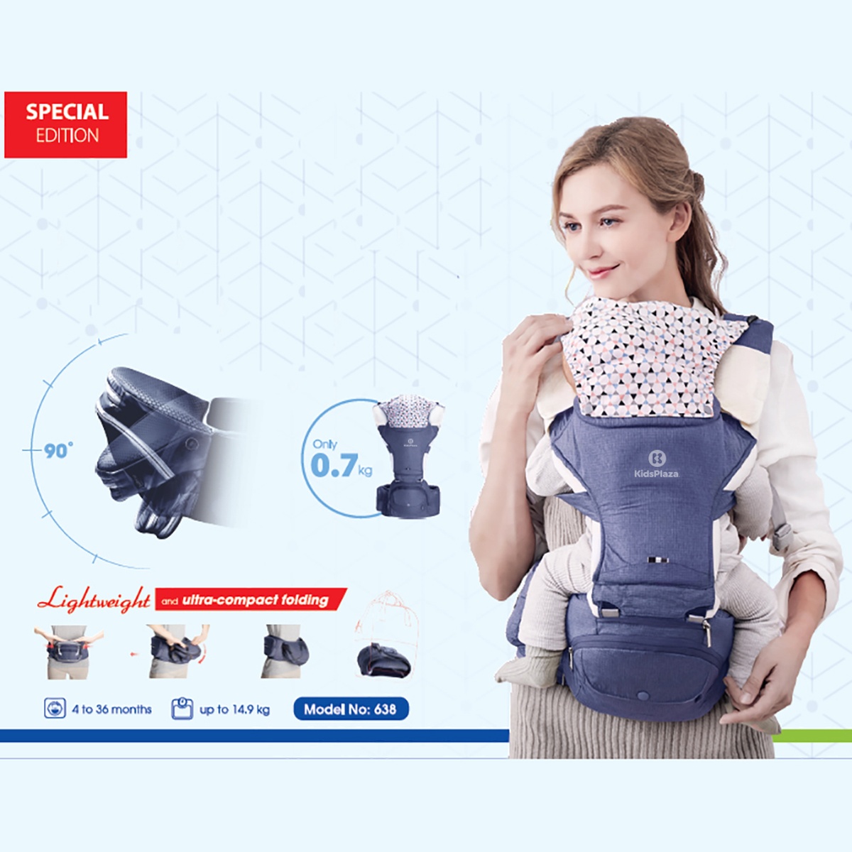 Địu ngồi cho bé Hip Seat KidsPlaza Foldable Aluminum (Xanh) - góc nghiêng