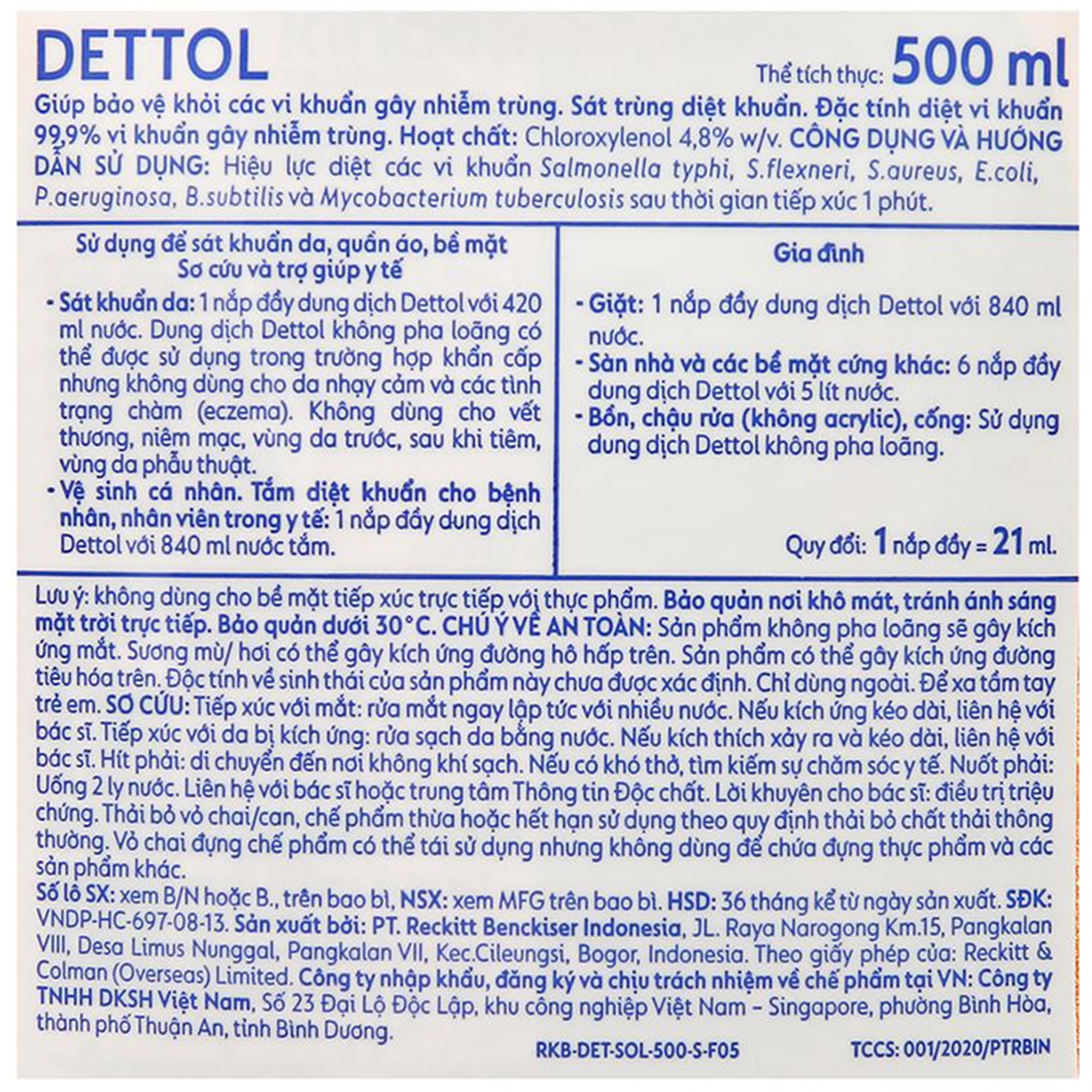 Dung dịch sát khuẩn Dettol 500ml - mặt phải