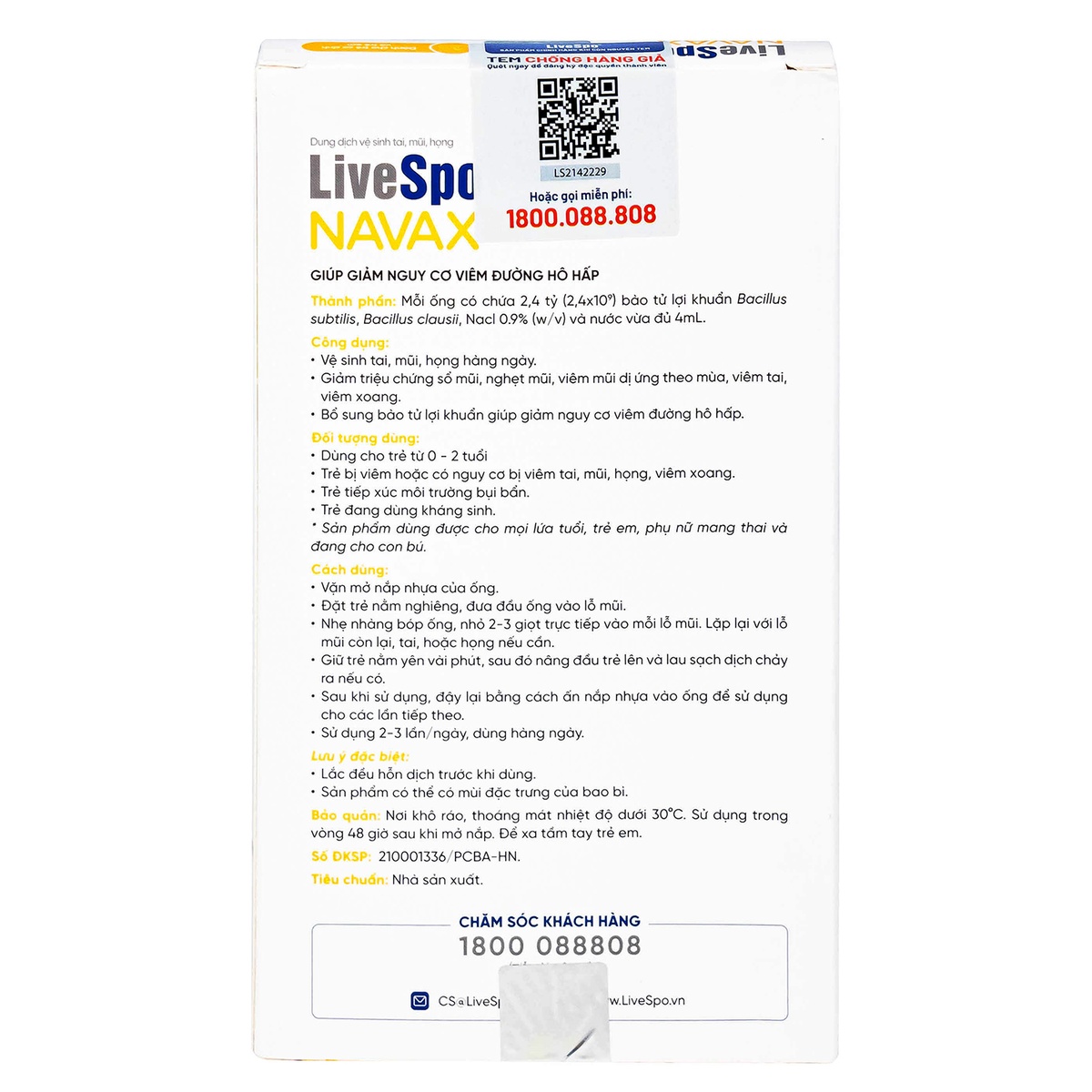 Dung dịch vệ sinh tai mũi họng LiveSpo Navax 10x4ml (Dạng ống) - mặt trái