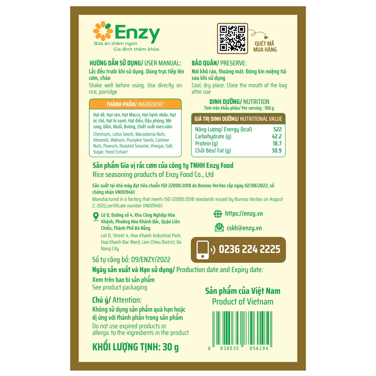 Gia vị rắc cơm Enzy vị hạt và rong biển gói 30g - mặt trái