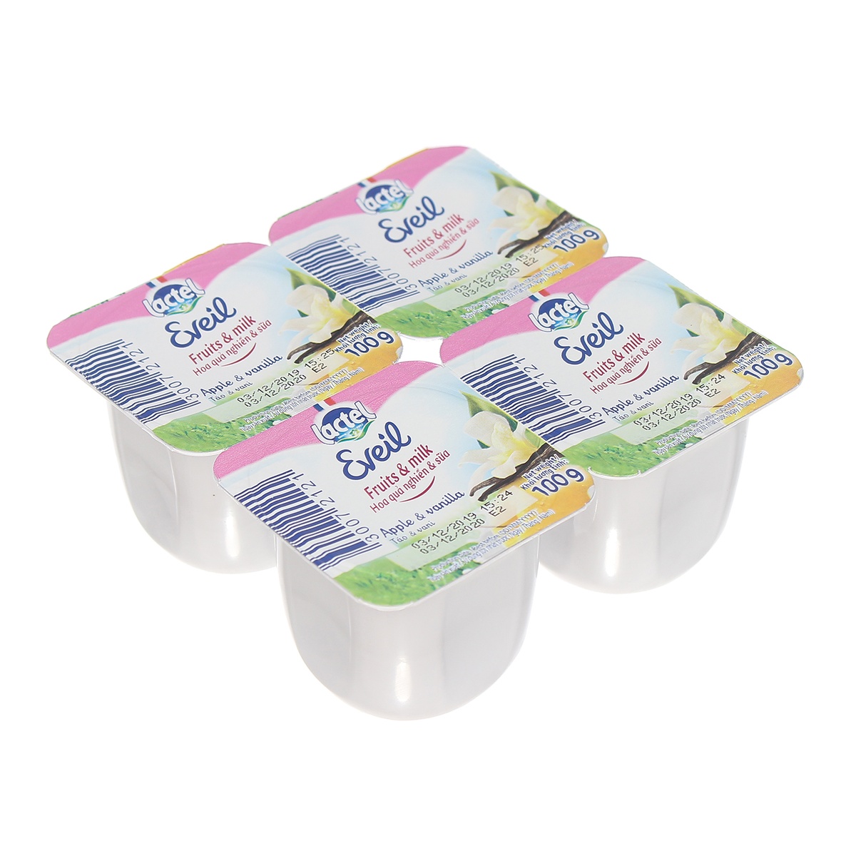 Hoa quả nghiền & Sữa Lactel Eveil vị Táo & Vani 4*100g - mặt trái