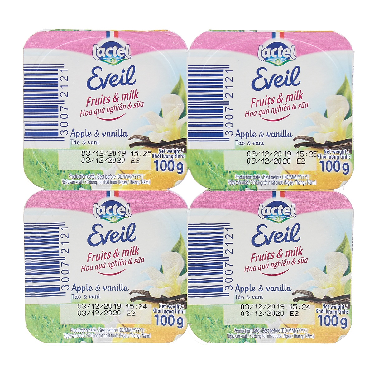 Hoa quả nghiền & Sữa Lactel Eveil vị Táo & Vani 4*100g - mặt phải