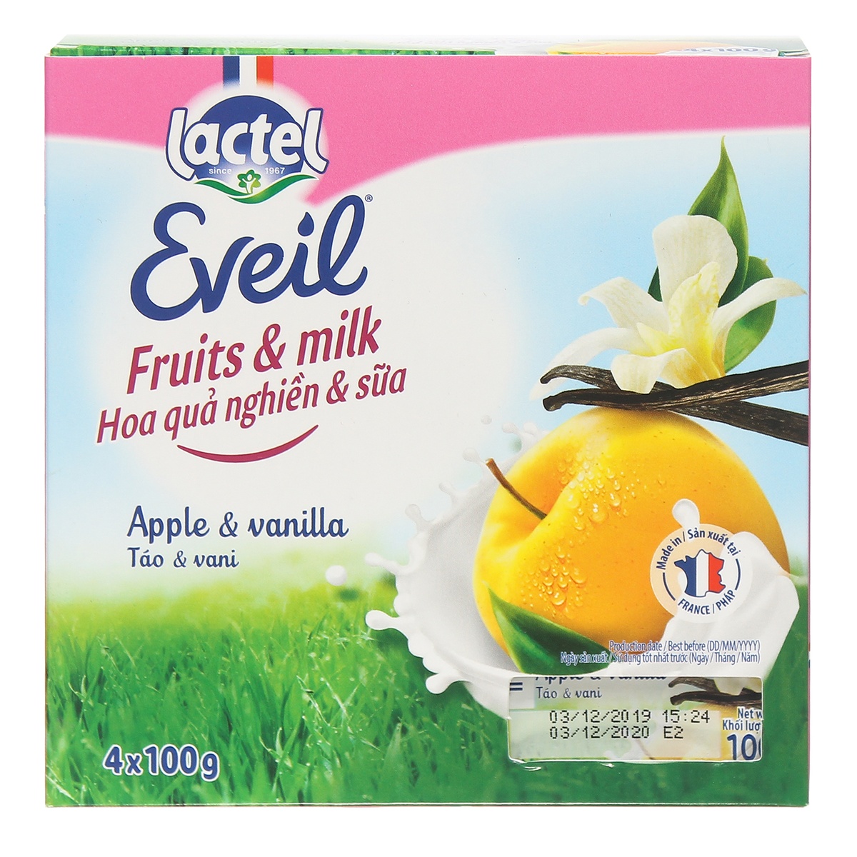 Hoa quả nghiền & Sữa Lactel Eveil vị Táo & Vani 4*100g - mặt sau
