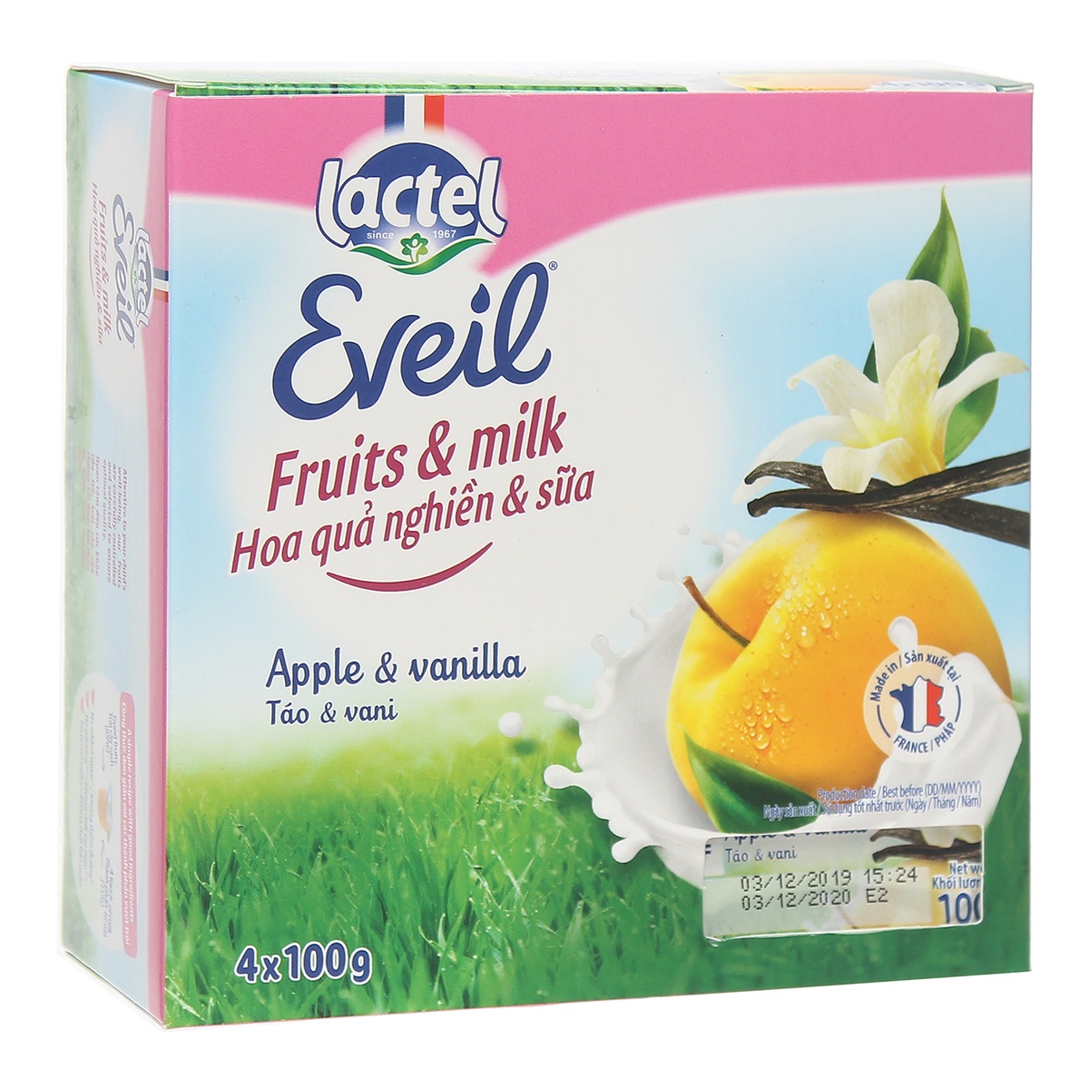 Hoa quả nghiền & Sữa Lactel Eveil vị Táo & Vani 4*100g - góc nghiêng