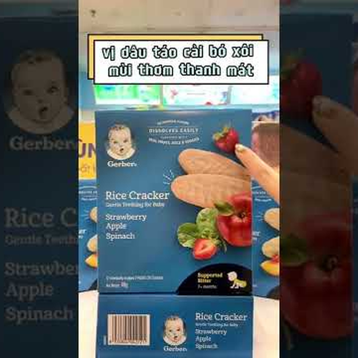 Bánh gạo Gerber vị Dâu Táo, Cải bó xôi 48g 7M+ - video