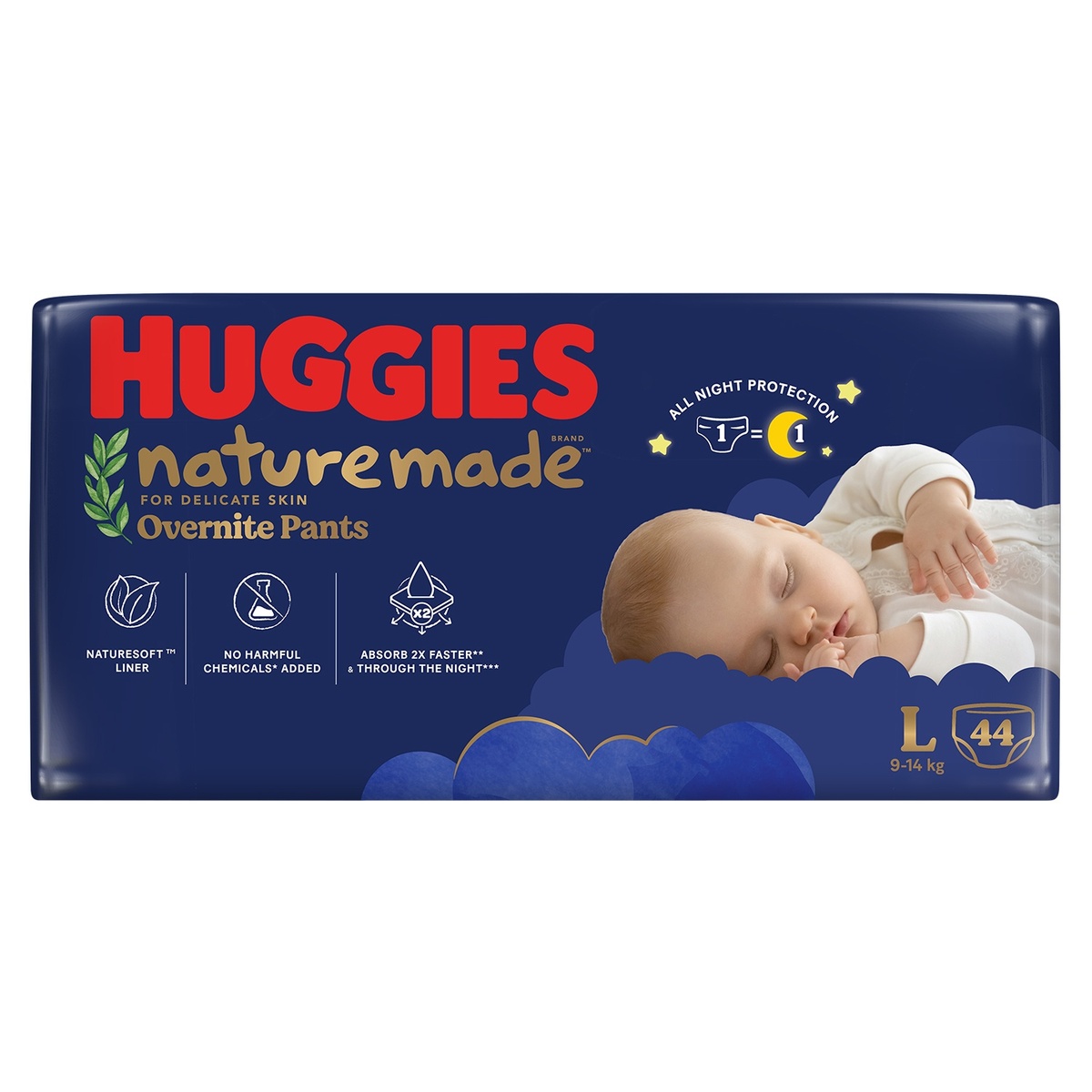 Bỉm/ tã quần Huggies Naturemade ban đêm size L44 (cho bé từ 9-14kg) - EC - mặt trái