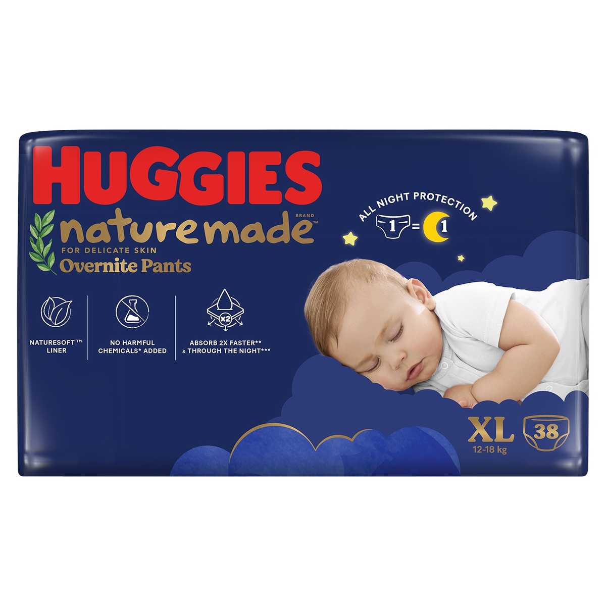 Bỉm/ tã quần Huggies Naturemade ban đêm size XL38 (cho bé từ 12-17kg) - EC - mặt trái