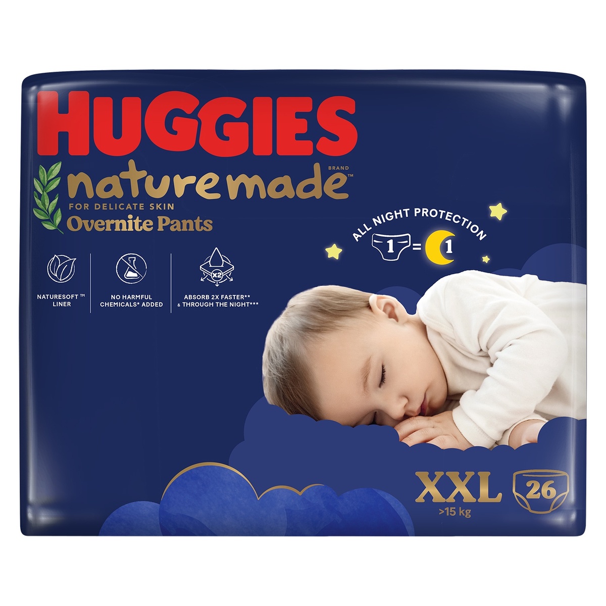 Bỉm/ tã quần Huggies Naturemade ban đêm size XXL26 (cho bé trên 15kg) - EC - mặt trái