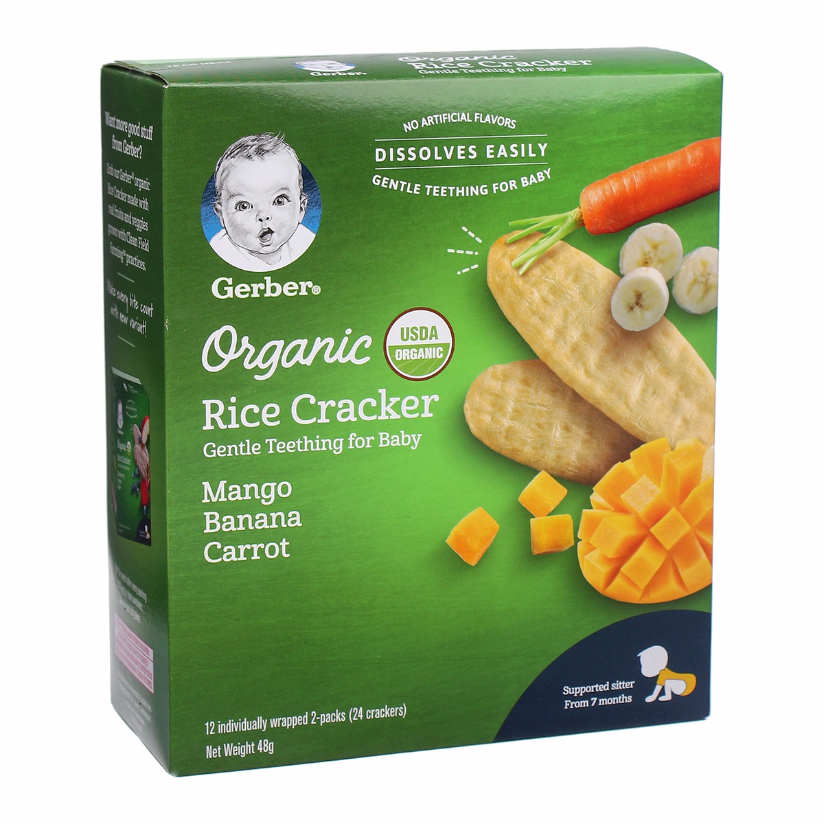 Bánh gạo ăn dặm Gerber Organic vị chuối, xoài, cà rốt cho bé trên 7 tháng (48g) - mặt trái