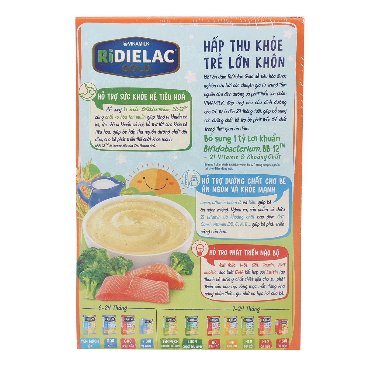 Bột ăn dặm Ridielac Gold cá hồi, bông cải xanh 200g cho bé 7M-24M - mặt sau