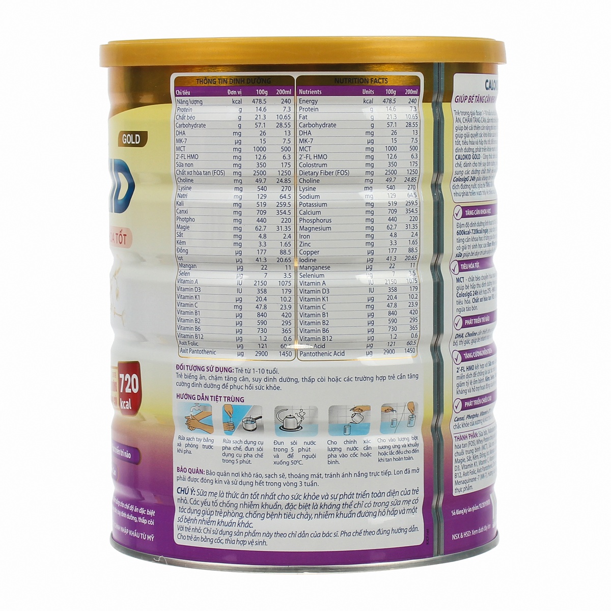 Sữa bột Calokid Gold 900gr cho bé 1-10 tuổi - mặt trái