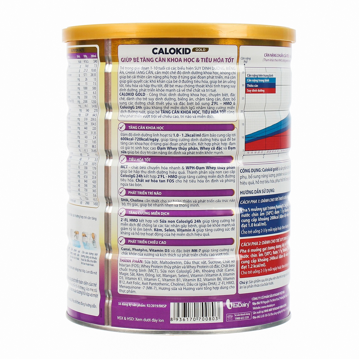 Sữa bột Calokid Gold 900gr cho bé 1-10 tuổi - mặt phải