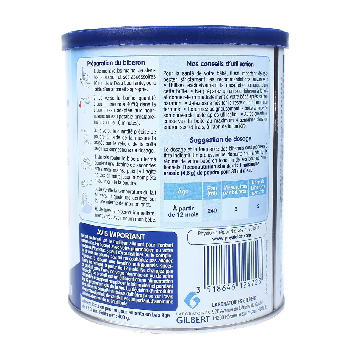 Sữa Physiolac số 3 400g New cho bé từ 1-3 tuổi - mặt trái