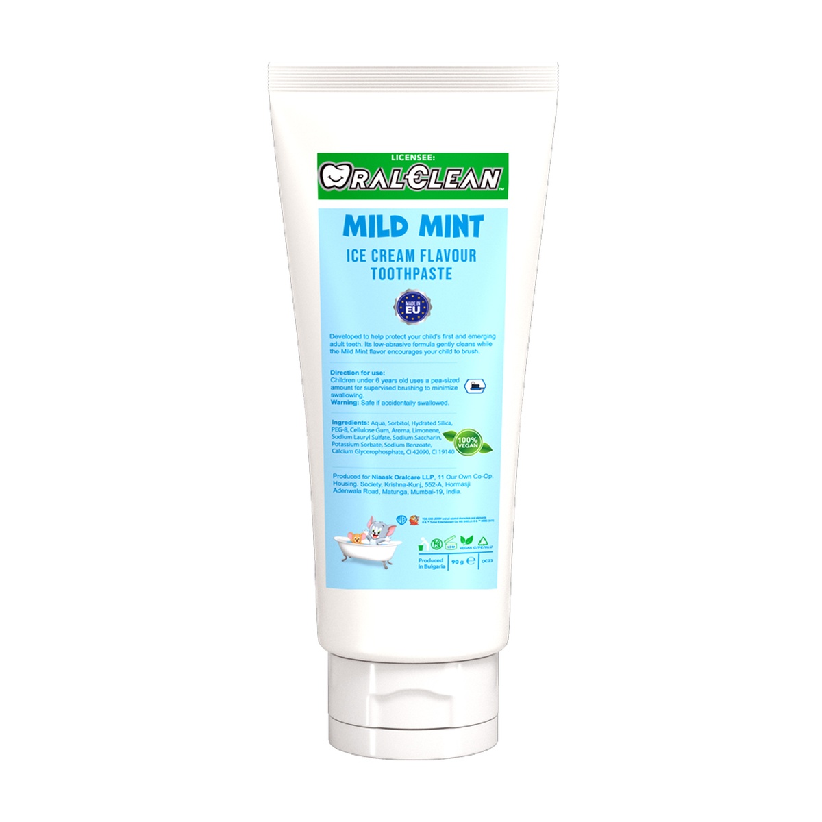Kem đánh răng Oral Clean Tom&Jerry hương bạc hà 90g 2Y+ - mặt trái