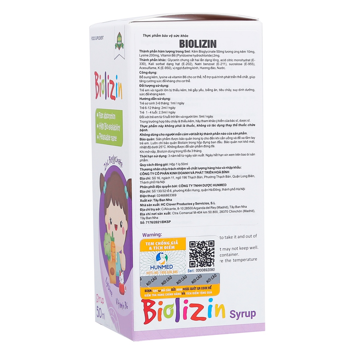 Thực phẩm bảo vệ sức khoẻ Biolizin 50ml - mặt phải
