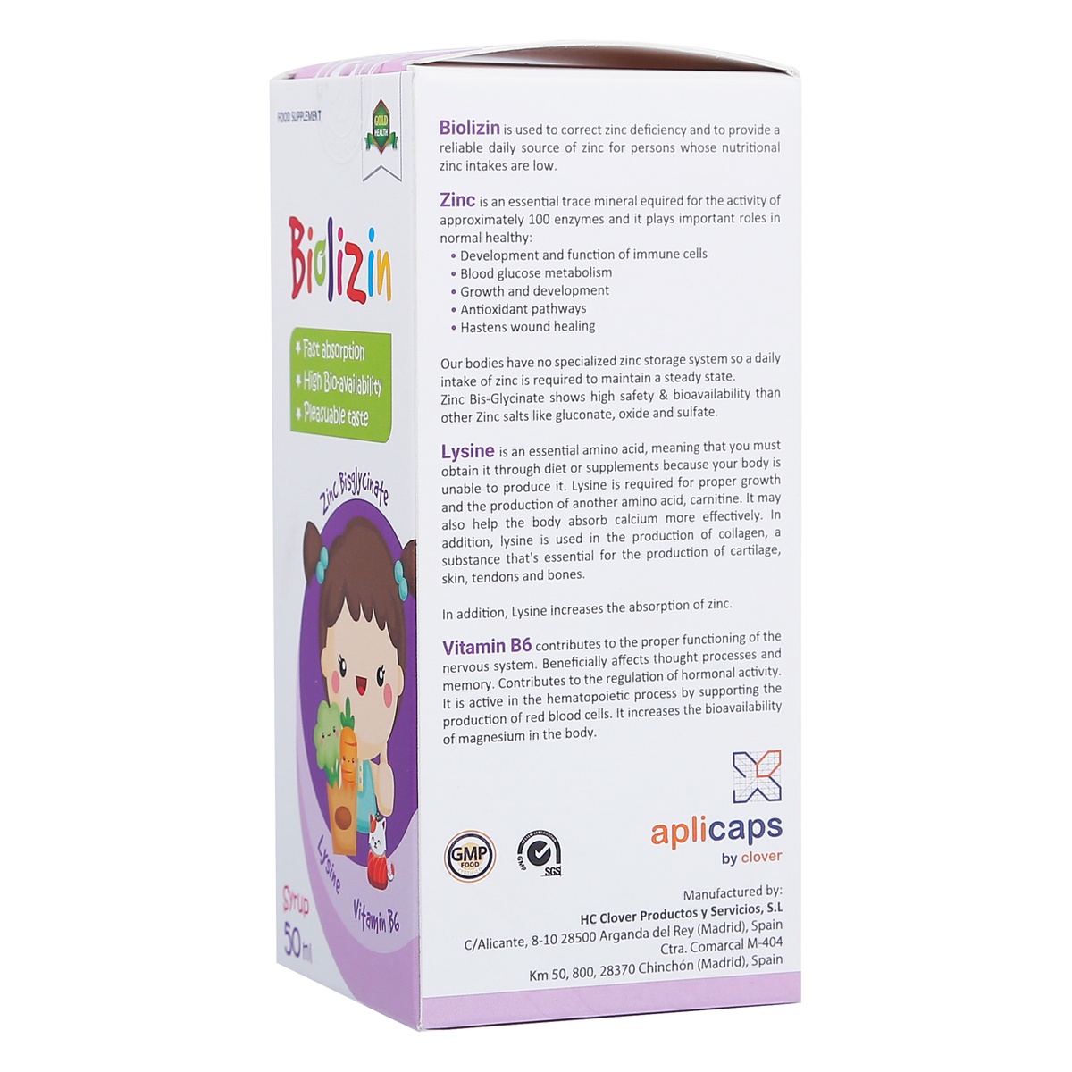 Thực phẩm bảo vệ sức khoẻ Biolizin 50ml - mặt sau