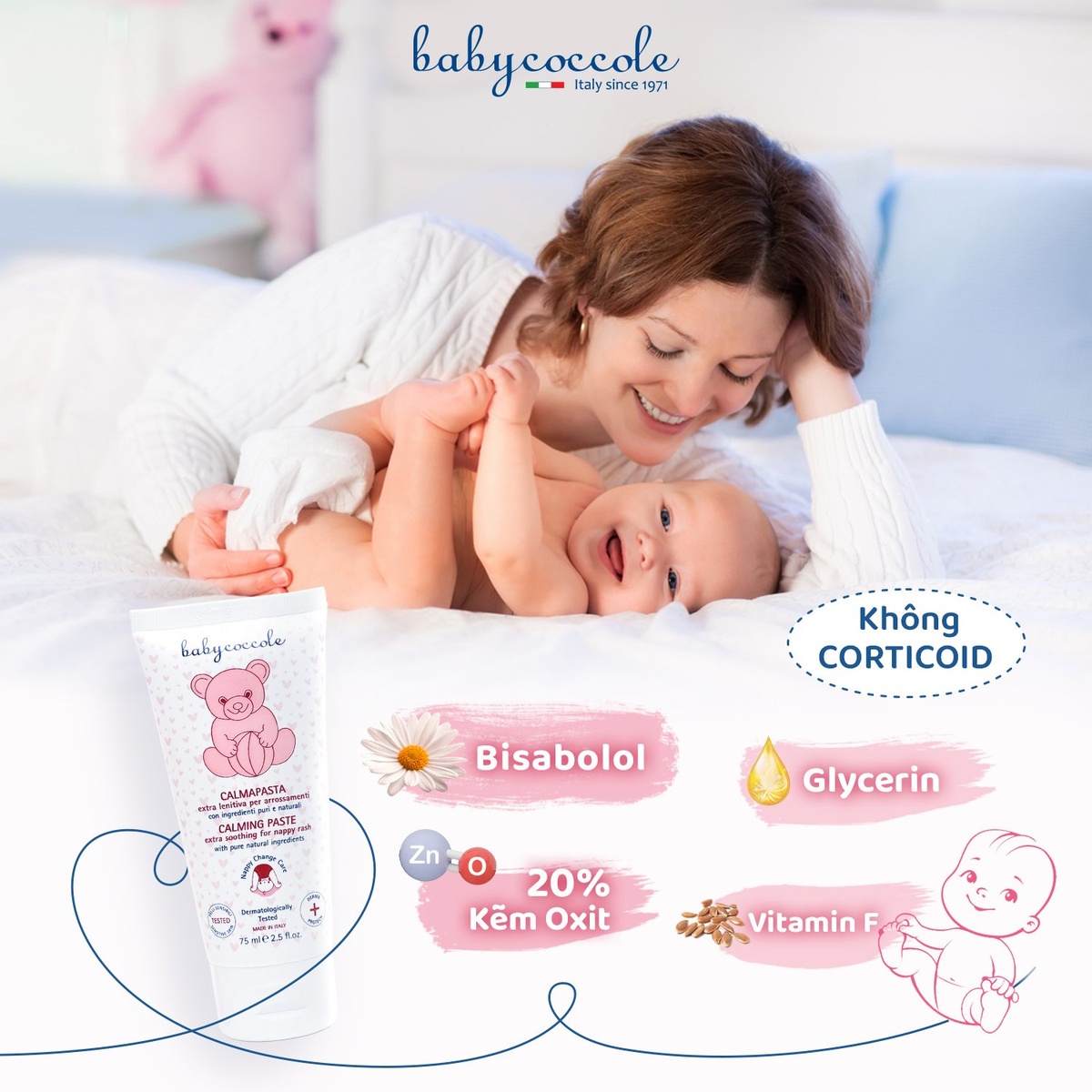 Kem chống và trị hăm chiết xuất hoa cúc, PANTHENOL và ZnO Babycoccole 0M+ 75ml - góc nghiêng