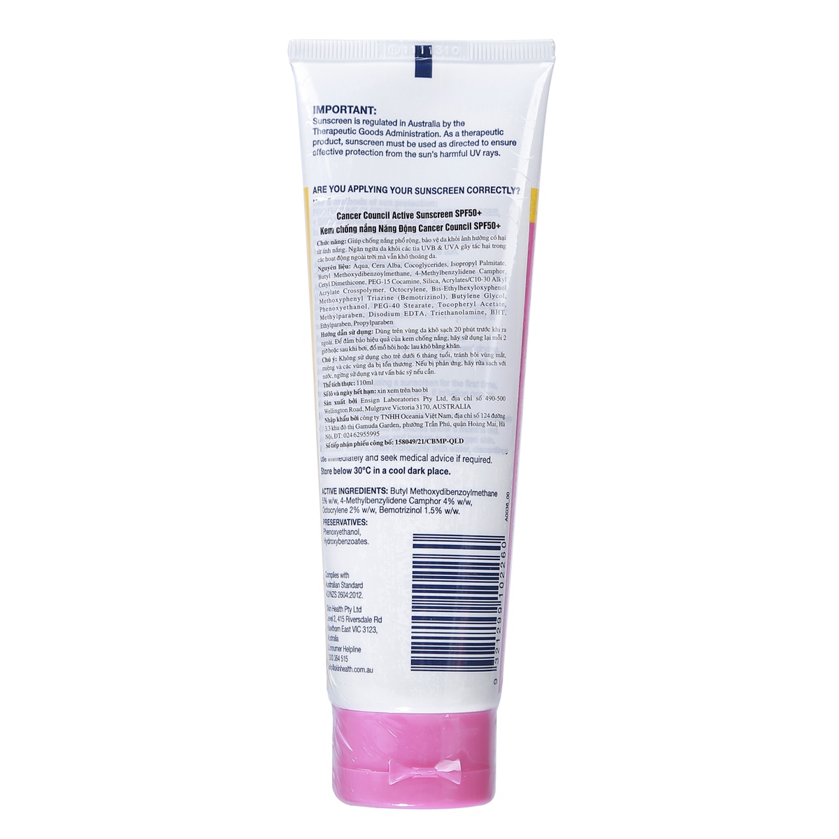 Kem chống nắng Cancer Council Active SPF50+/PA++++ (110ml) - mặt phải