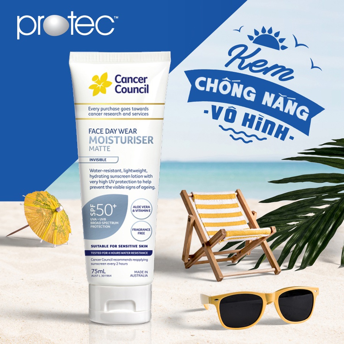 Kem chống nắng  Cancer Council Face Day Wear SPF50+/PA++++ (75ml) - góc nghiêng