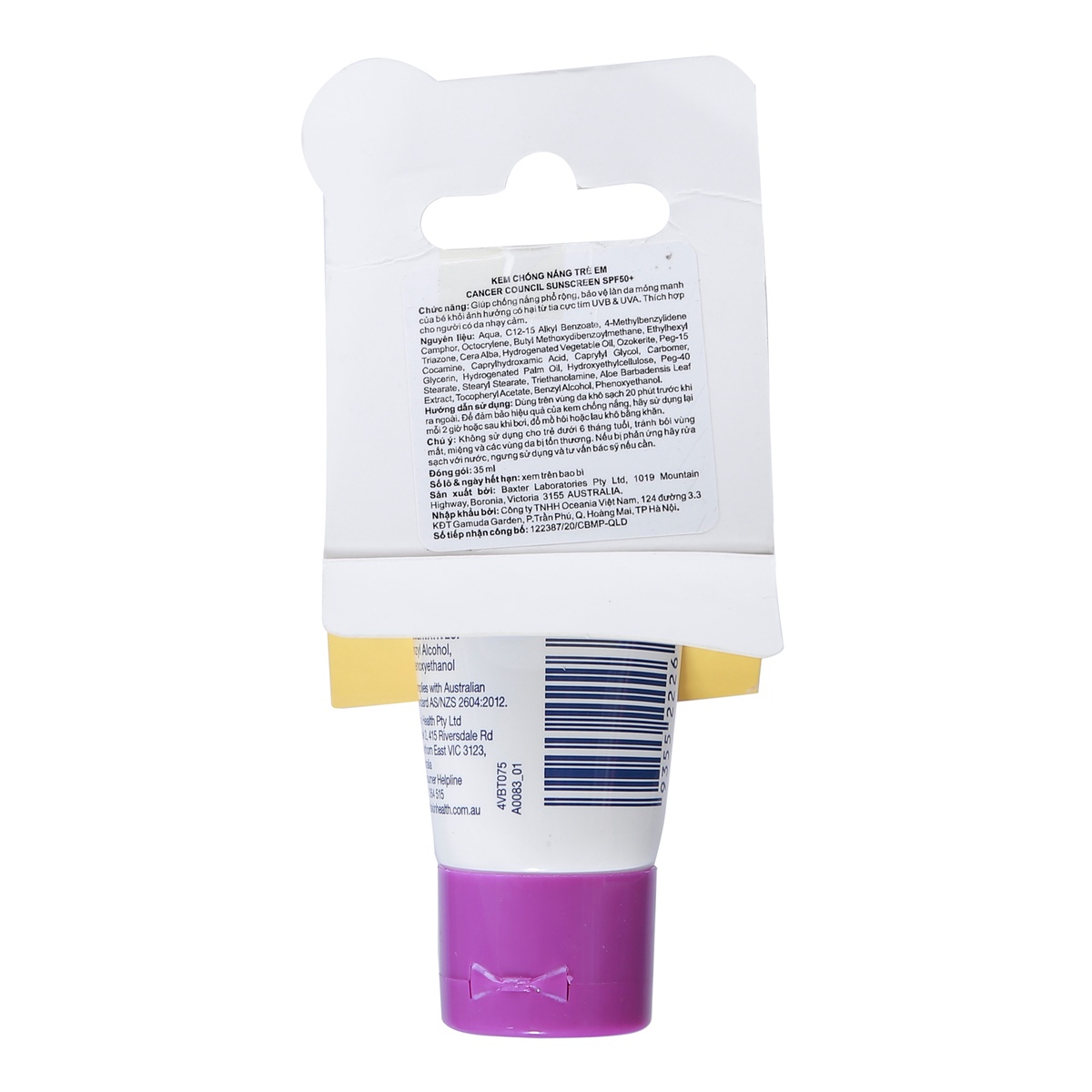 Kem chống nắng trẻ em Cancer Council Kids SPF 50+/PA ++++ (35ml) - mặt trái