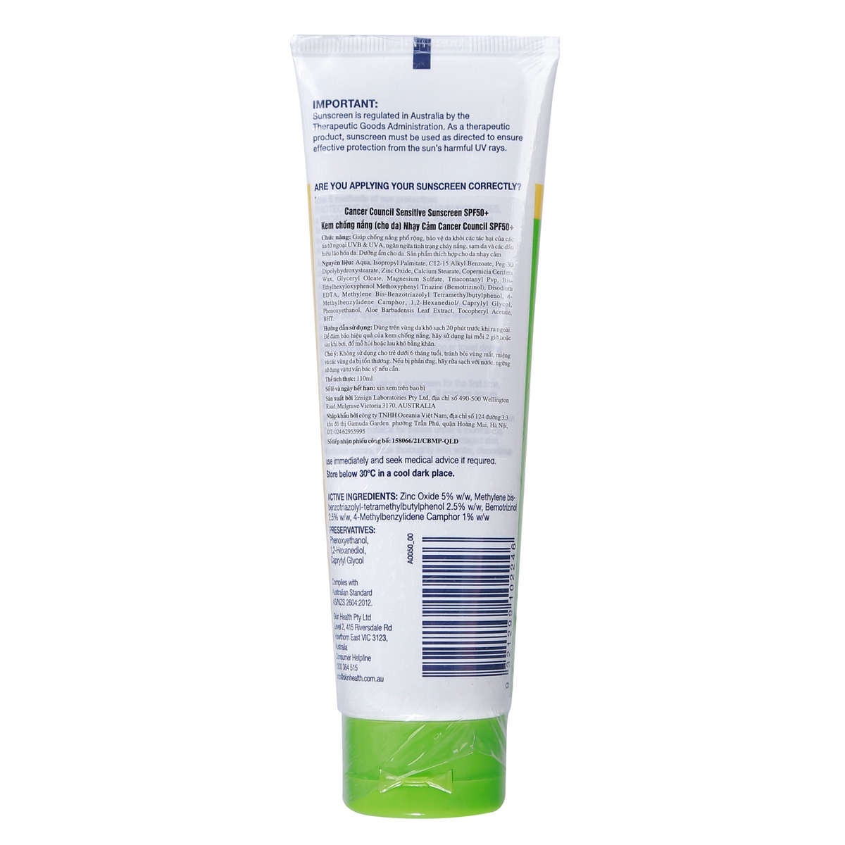 Kem Chống Nắng Cancer Council Sensitive SPF50+ UVA-UVB (110ml) - mặt trái