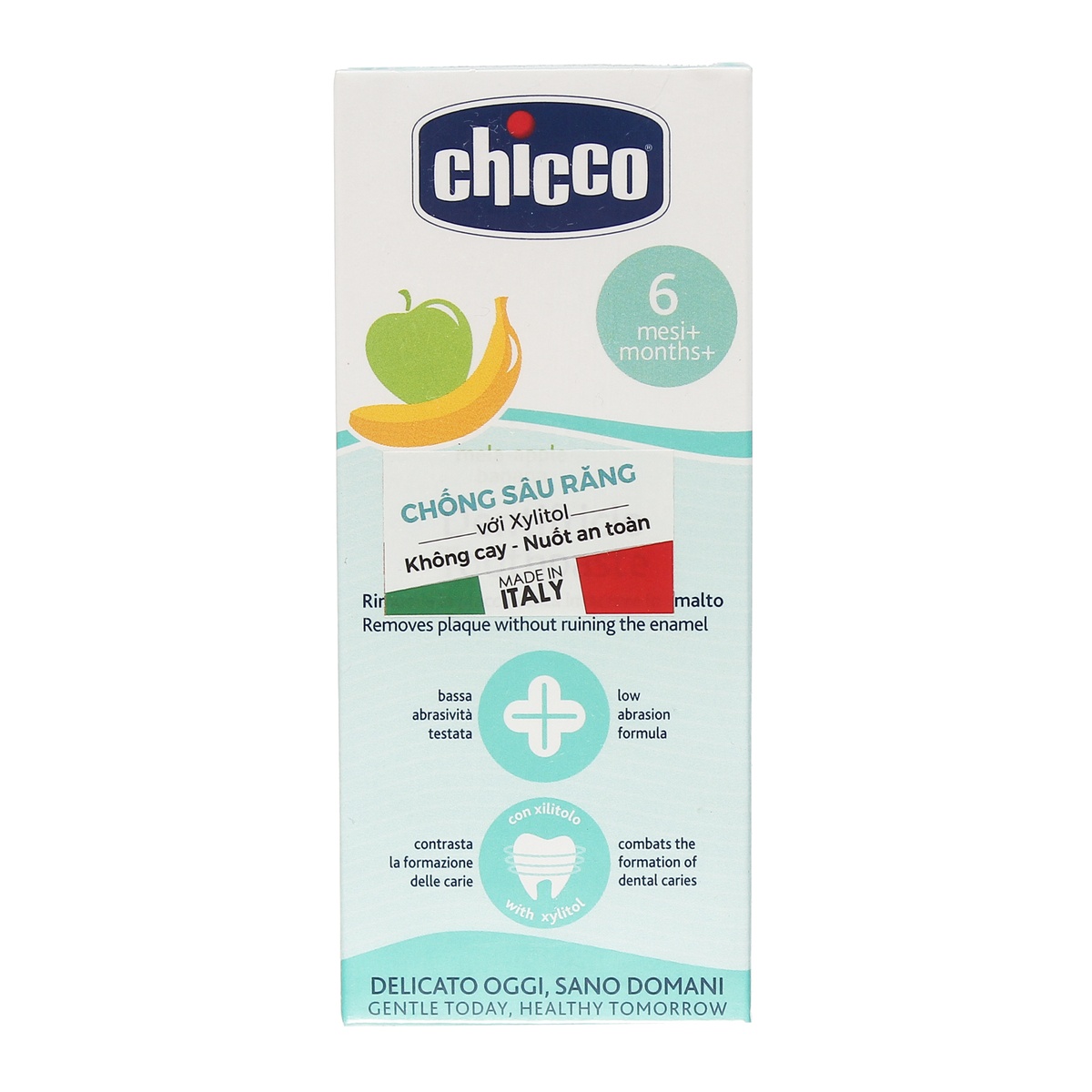 Kem đánh răng hương Chuối Táo Chicco 3201 cho bé trên 6 tháng tuổi - mặt trái