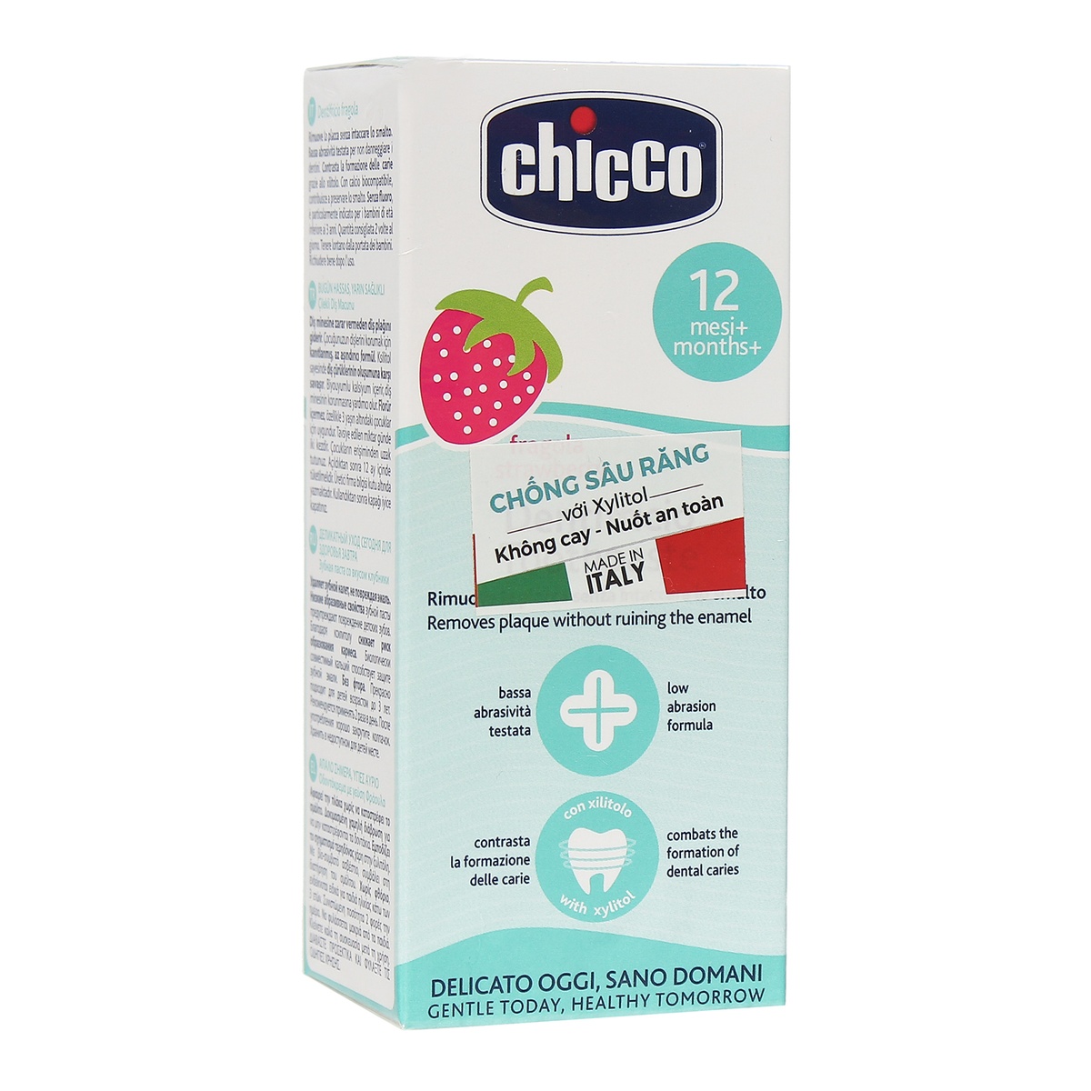 Kem đánh răng hương dâu Chicco cho bé trên 12 tháng tuổi - mặt trái