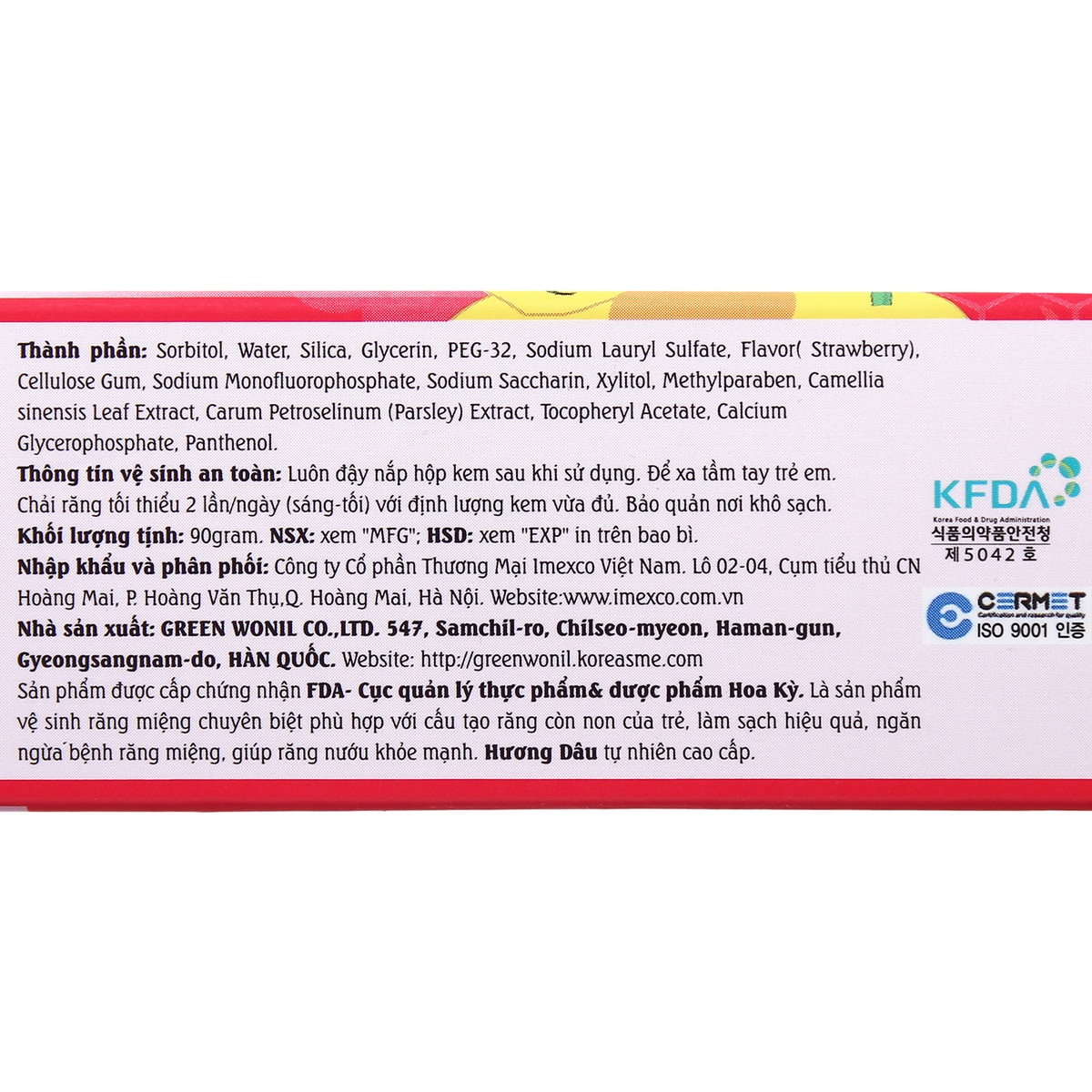 Kem đánh răng Hàn Quốc Bee hương dâu 90g cho bé trên 2 tuổi - mặt phải
