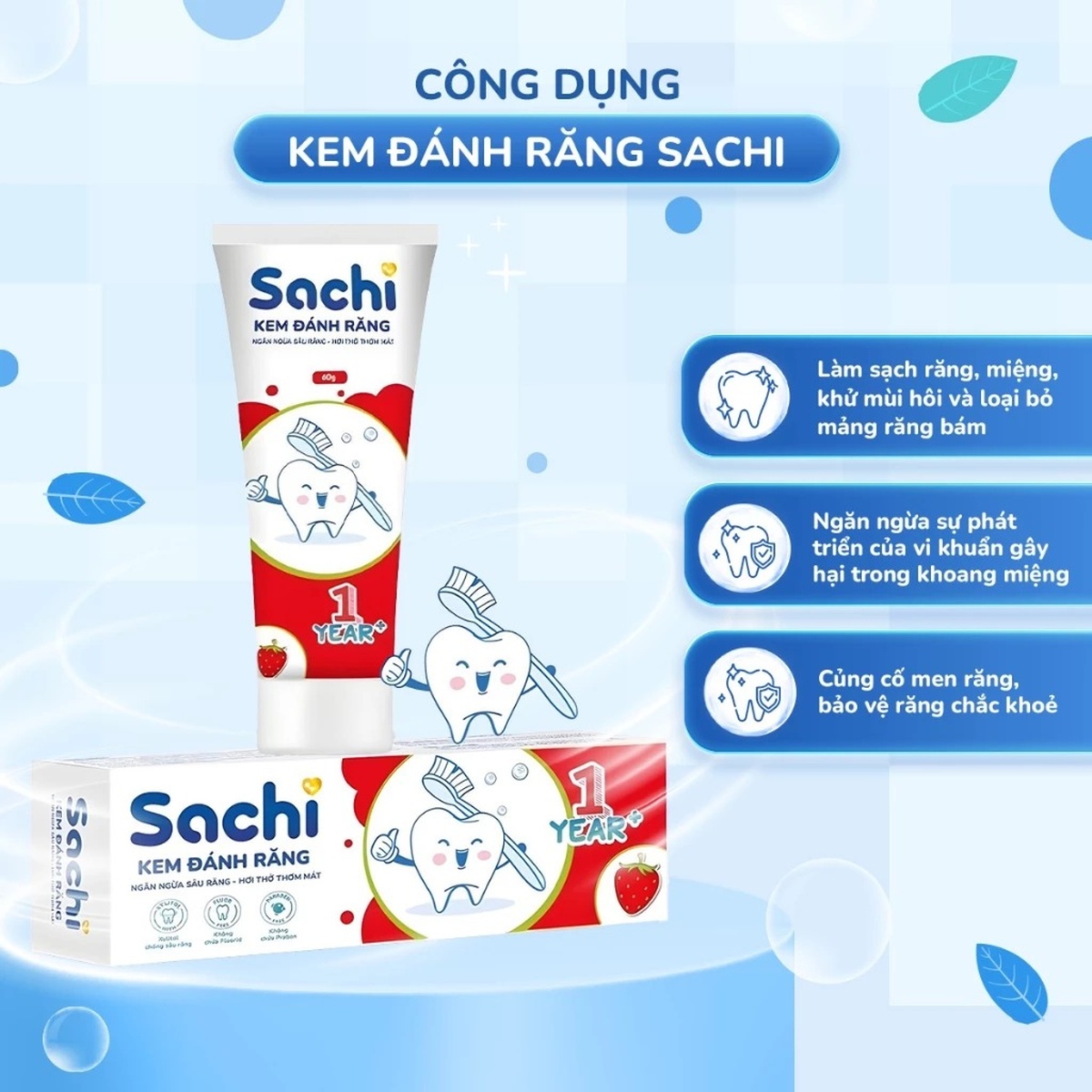 Kem đánh răng Sachi hương dâu 60g 1Y+ - mặt phải