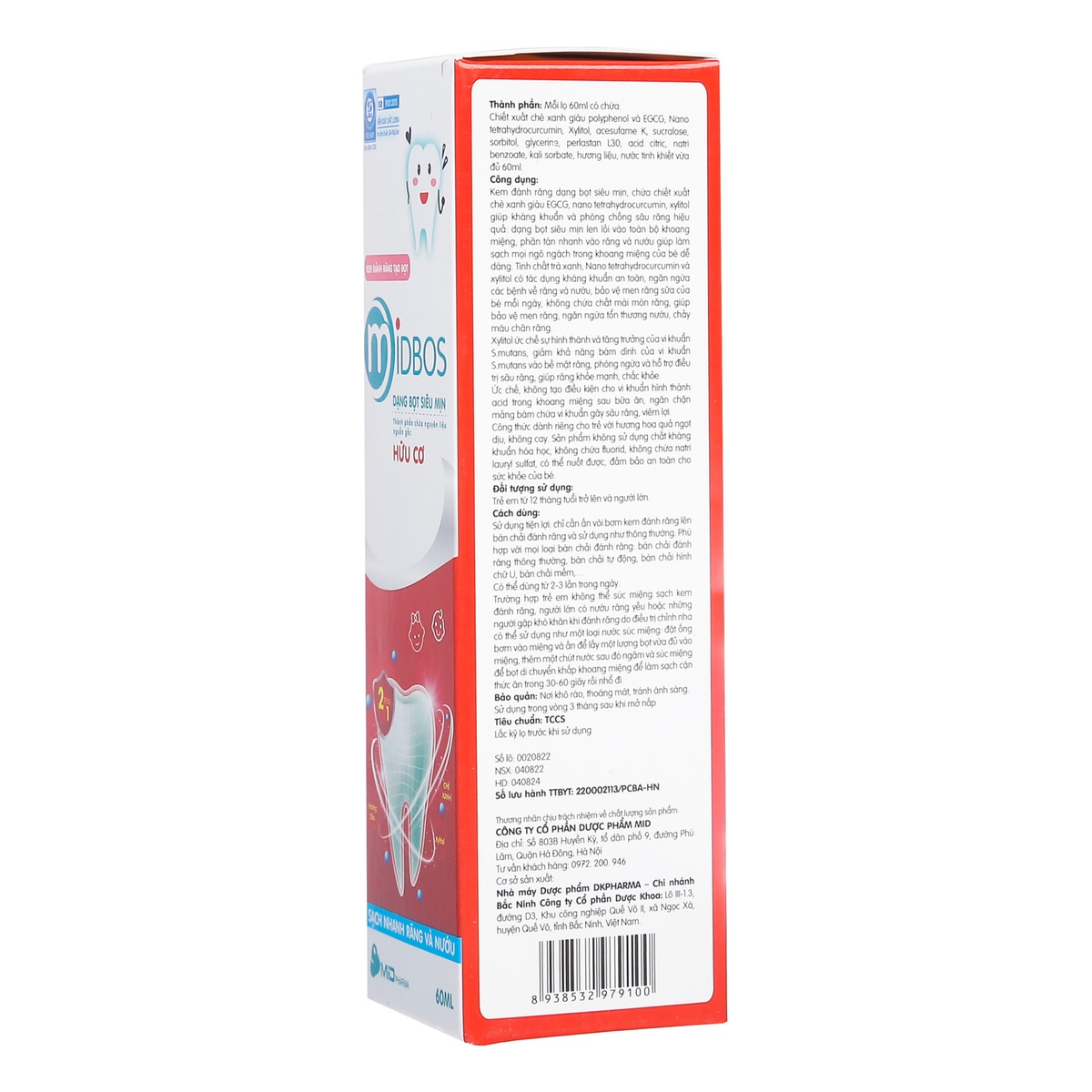 Kem đánh răng tạo bọt Midbos 60ml - mặt sau