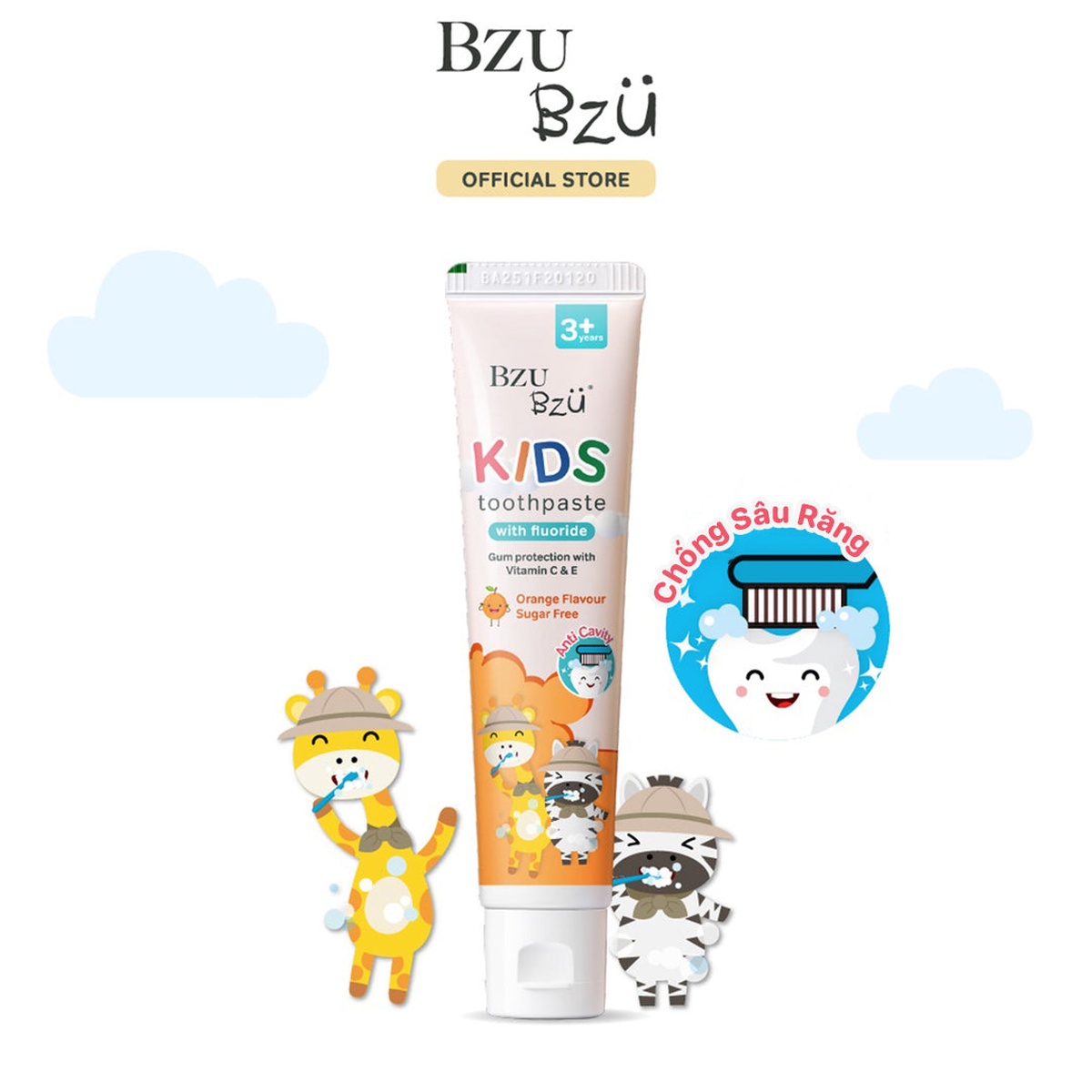 Kem đánh răng trẻ em hương cam Bzu Bzu 50g cho bé 3Y+ - mặt trái