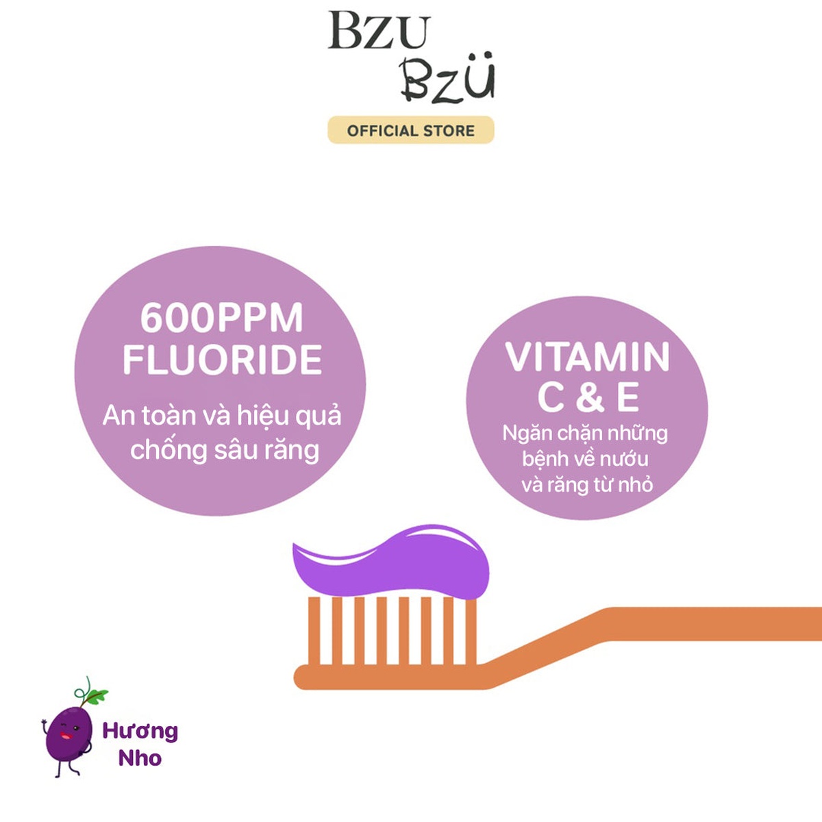 Kem đánh răng trẻ em hương nho Bzu Bzu 50g cho bé 3Y+ - mặt sau