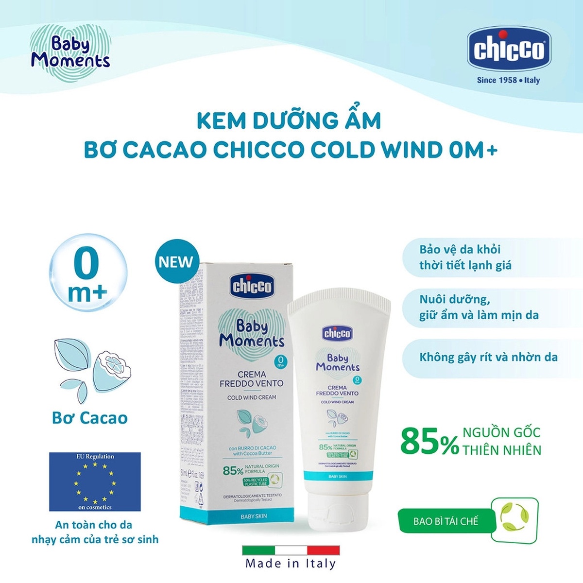 Kem dưỡng ẩm Chicco Bơ Cacao Cold Wind 0M+ 50ml - mặt phải