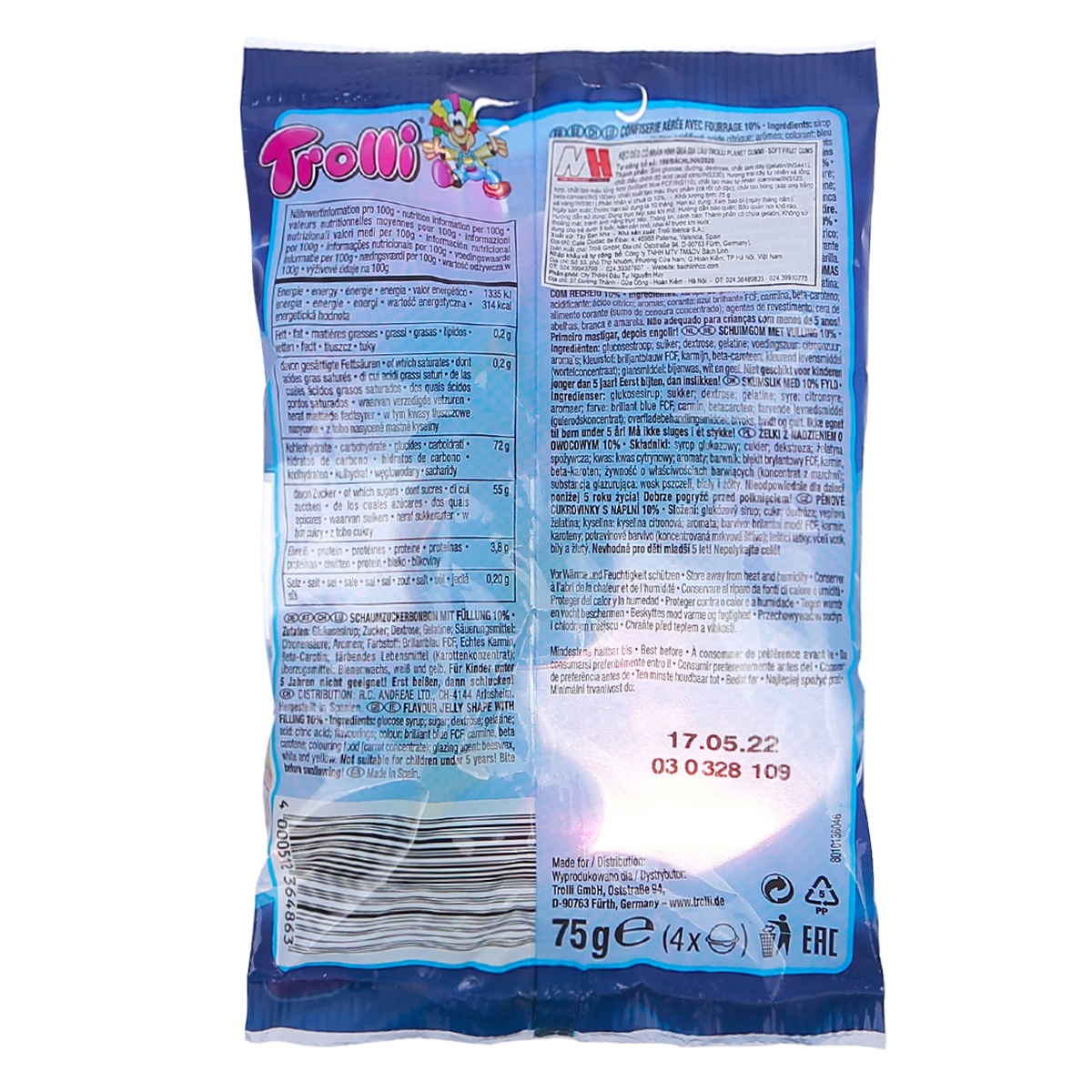 Kẹo dẻo có nhân hình quả địa cầu Trolli 75g - mặt trái