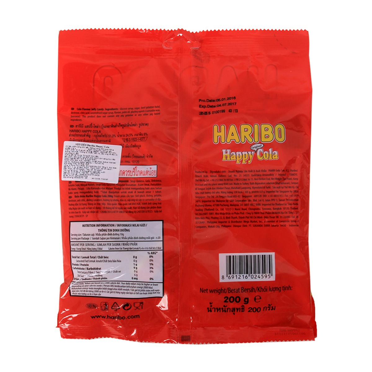 Kẹo dẻo Haribo Happy Cola 200g cho bé 2Y+  - mặt trái