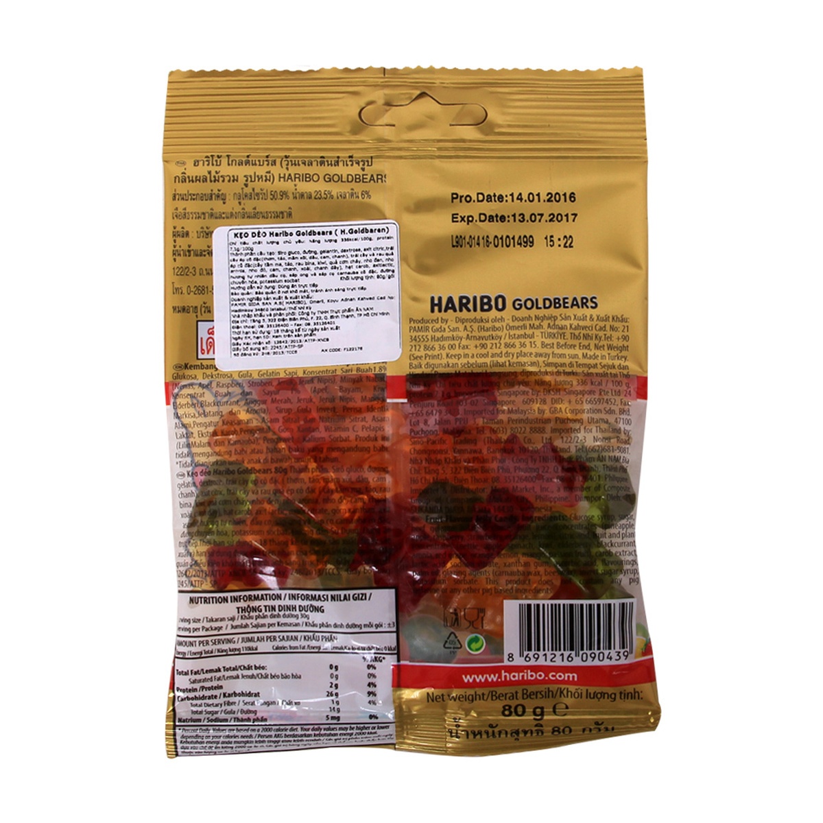 Kẹo dẻo Haribo Goldbears 80g nhiều màu sắc cho bé 2Y+ - mặt phải