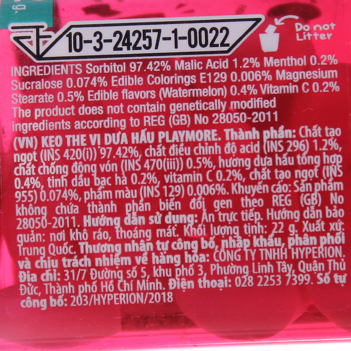 Kẹo the Playmore vị dưa hấu hũ 22g cho bé 5Y+ - mặt sau